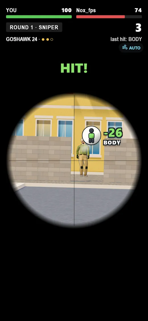 The sniper's scope: the exposed hider is hit, HIT! and -26 BODY