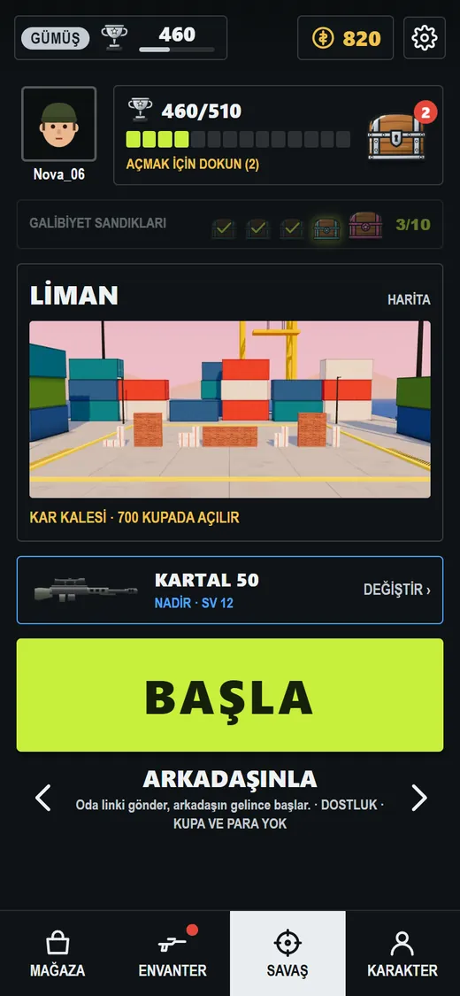 Ana ekran: ARKADAŞINLA modu seçili, BAŞLA düğmesi