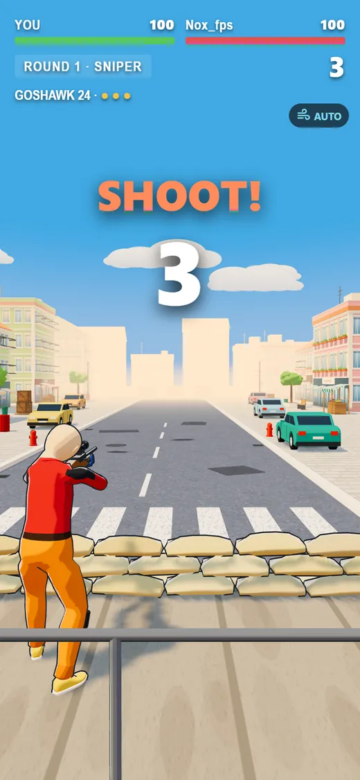 Setup: the sniper on the tower, SHOOT! and the countdown